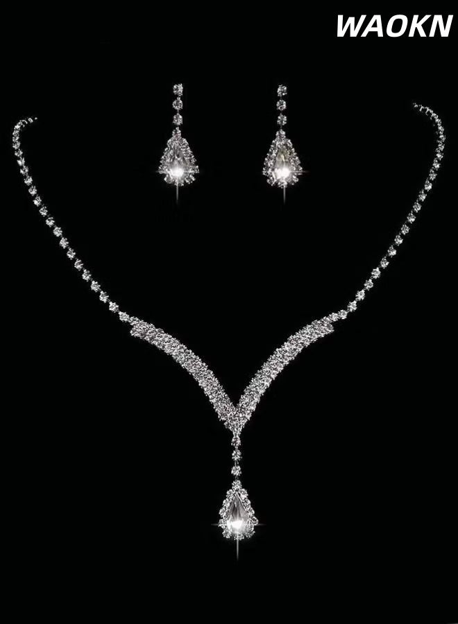 WAOKN 2 Piece Jewelry Set of Necklace and Earrings Shiny teardrop shape Diamond Chic Rhinestone Decor Jewellery Set , suitable for Women , Ladies , Gift for Girlfriend Wife Mother Bridesmaids Wedding Party Accessories , unisex , silvery. - Image 1